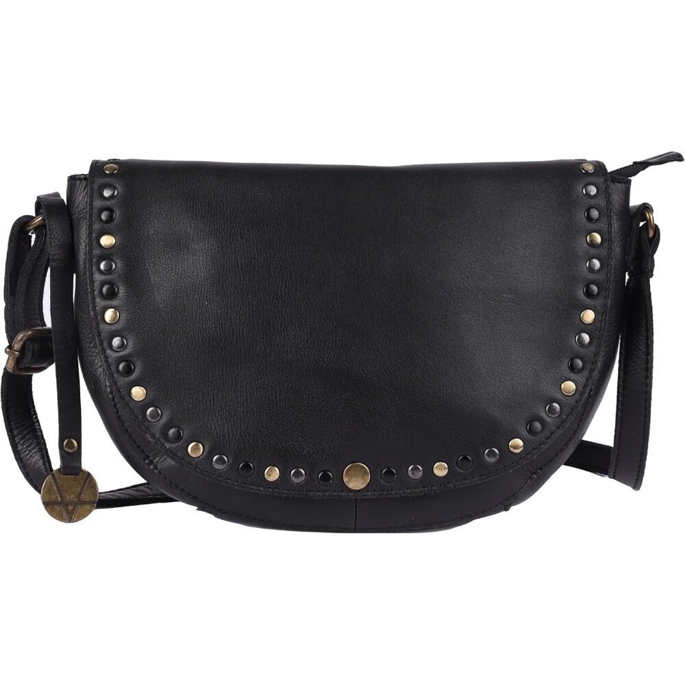 Italian Leather Boho Studded Crossbody Bag Black 9.75x1.5x6.5 in Stylish Durable